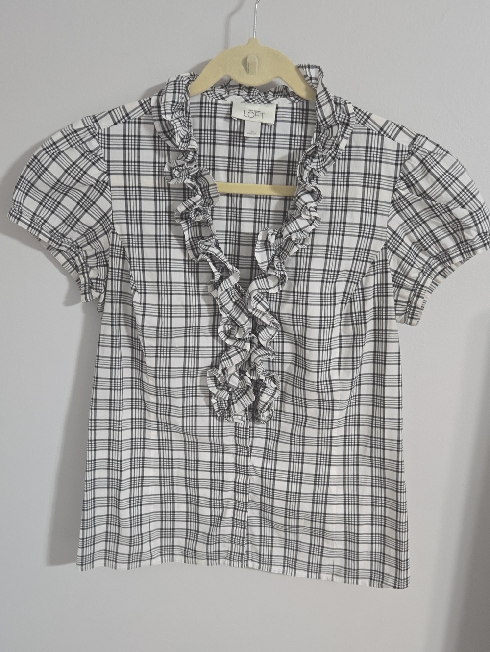 LOFT Black & White Plaid Ruffle V-Neck Blouse